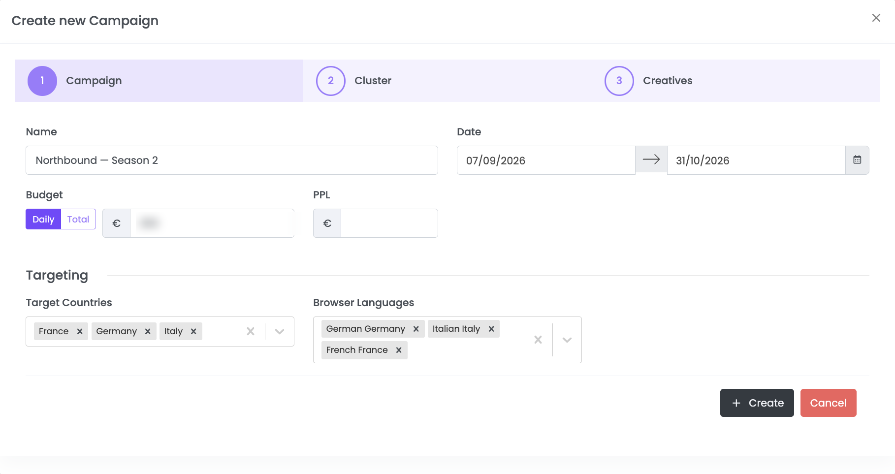 Creating a campaign: name, run dates, target countries and browser languages